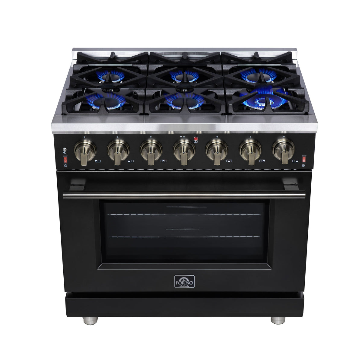 FORNO Massimo 36-Inch Freestanding Gas Range, 5.36 cu. ft. Oven, 6 Sealed Burners, Black with Antique Brass Accents (Model FFSGS6239-36BLK)