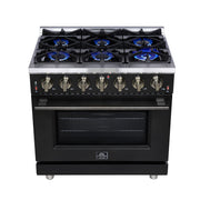 FORNO Massimo 36-Inch Freestanding Gas Range, 5.36 cu. ft. Oven, 6 Sealed Burners, Black with Antique Brass Accents (Model FFSGS6239-36BLK)