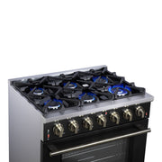 FORNO Massimo 36-Inch Freestanding Gas Range, 5.36 cu. ft. Oven, 6 Sealed Burners, Black with Antique Brass Accents (Model FFSGS6239-36BLK)