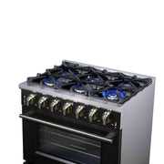 FORNO Massimo 36-Inch Freestanding Gas Range, 5.36 cu. ft. Oven, 6 Sealed Burners, Black with Antique Brass Accents (Model FFSGS6239-36BLK)
