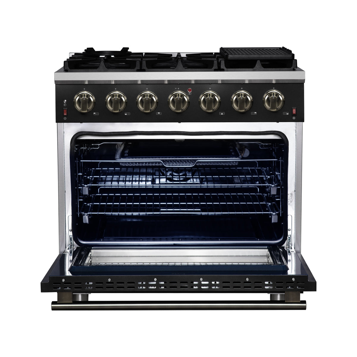 FORNO Massimo 36-Inch Freestanding Gas Range, 5.36 cu. ft. Oven, 6 Sealed Burners, Black with Antique Brass Accents (Model FFSGS6239-36BLK)