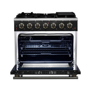 FORNO Massimo 36-Inch Freestanding Gas Range, 5.36 cu. ft. Oven, 6 Sealed Burners, Black with Antique Brass Accents (Model FFSGS6239-36BLK)