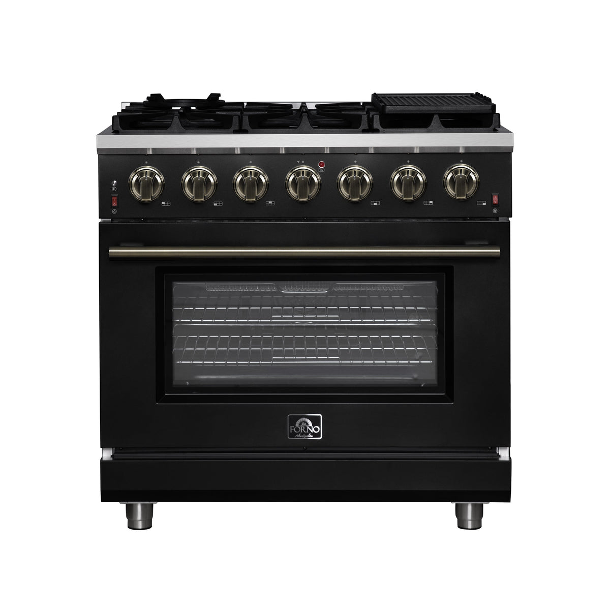 FORNO Massimo 36-Inch Freestanding Gas Range, 5.36 cu. ft. Oven, 6 Sealed Burners, Black with Antique Brass Accents (Model FFSGS6239-36BLK)