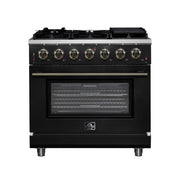 FORNO Massimo 36-Inch Freestanding Gas Range, 5.36 cu. ft. Oven, 6 Sealed Burners, Black with Antique Brass Accents (Model FFSGS6239-36BLK)