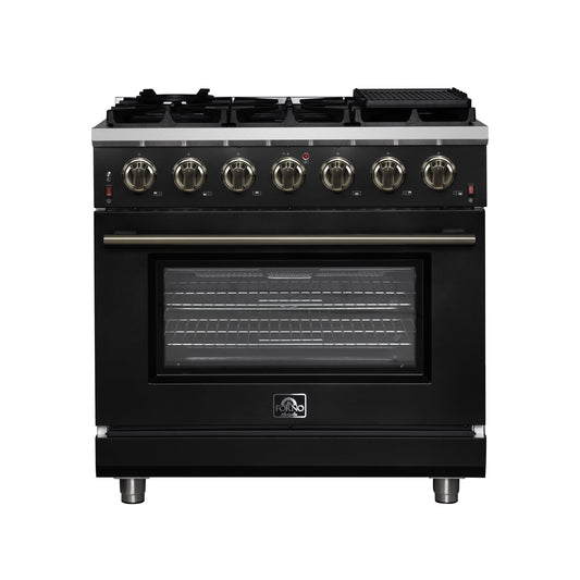 FORNO Massimo 36-Inch Freestanding Gas Range, 5.36 cu. ft. Oven, 6 Sealed Burners, Black with Antique Brass Accents (Model FFSGS6239-36BLK)