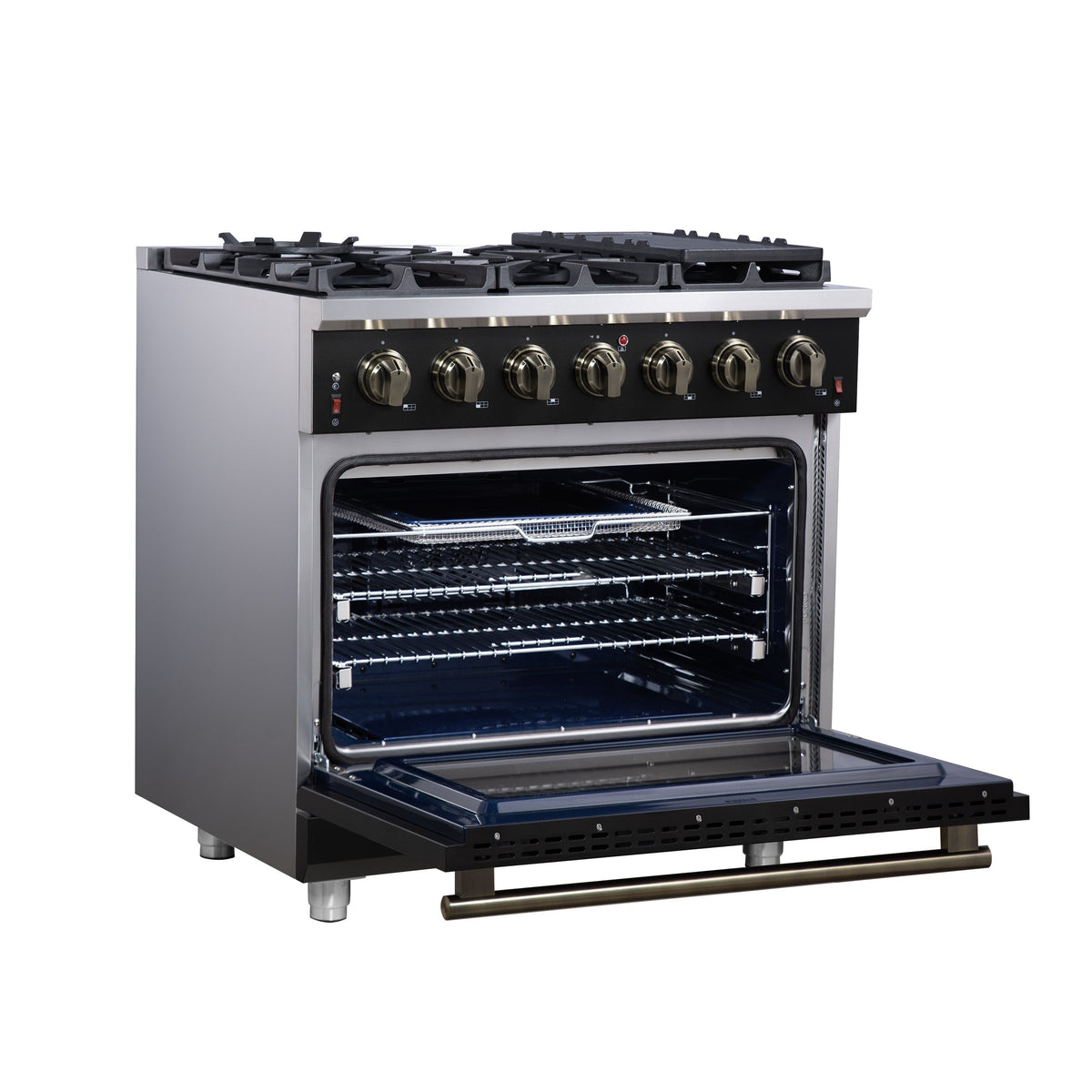 FORNO Massimo 36-Inch Freestanding Gas Range, 5.36 cu. ft. Oven, 6 Sealed Burners, Black with Antique Brass Accents (Model FFSGS6239-36BLK)