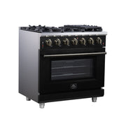 FORNO Massimo 36-Inch Freestanding Gas Range, 5.36 cu. ft. Oven, 6 Sealed Burners, Black with Antique Brass Accents (Model FFSGS6239-36BLK)
