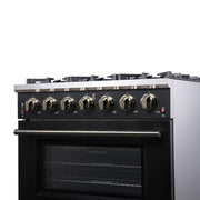 FORNO Massimo 36-Inch Freestanding Gas Range, 5.36 cu. ft. Oven, 6 Sealed Burners, Black with Antique Brass Accents (Model FFSGS6239-36BLK)