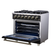 FORNO Massimo 36-Inch Freestanding Gas Range, 5.36 cu. ft. Oven, 6 Sealed Burners, Black with Antique Brass Accents (Model FFSGS6239-36BLK)