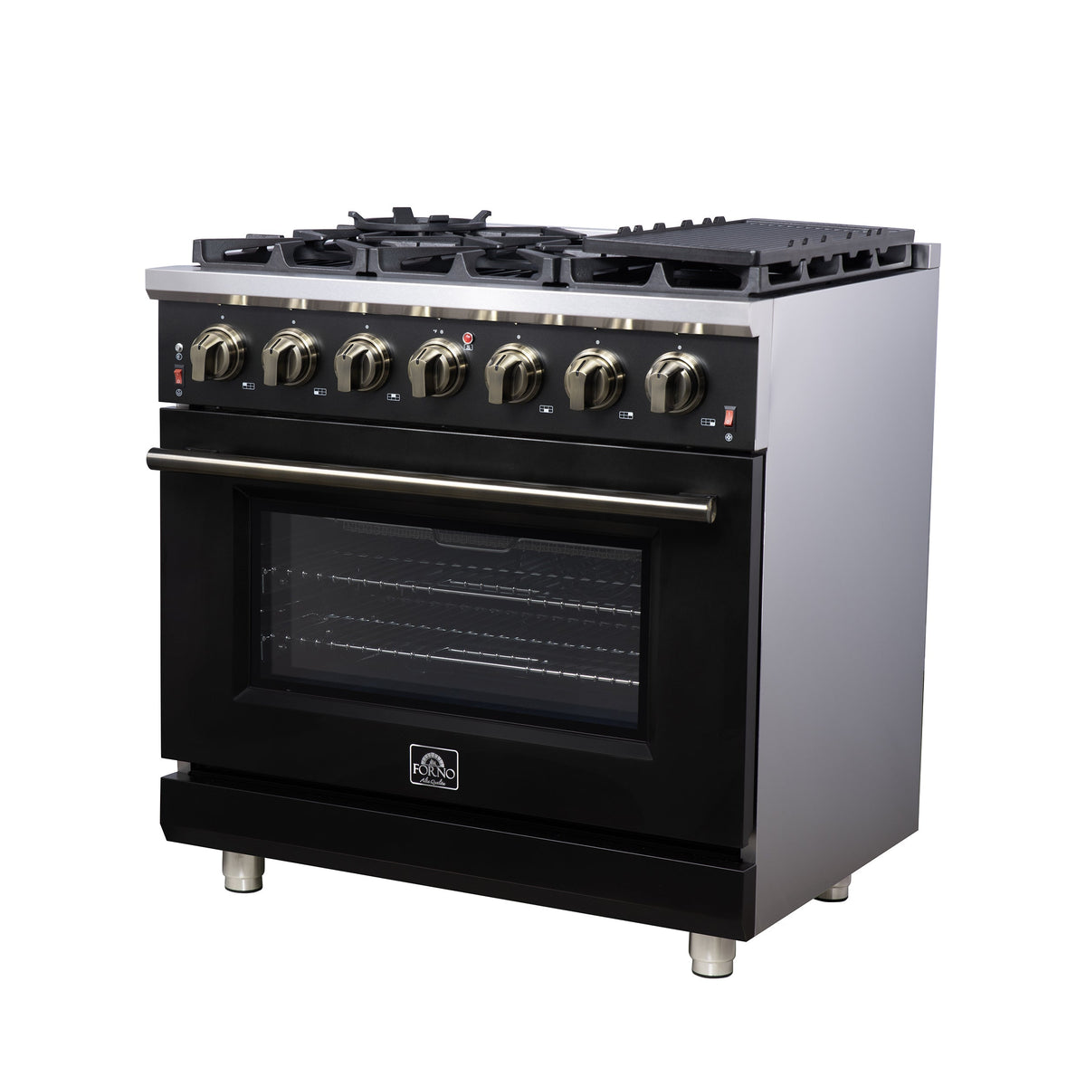 FORNO Massimo 36-Inch Freestanding Gas Range, 5.36 cu. ft. Oven, 6 Sealed Burners, Black with Antique Brass Accents (Model FFSGS6239-36BLK)