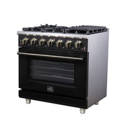 FORNO Massimo 36-Inch Freestanding Gas Range, 5.36 cu. ft. Oven, 6 Sealed Burners, Black with Antique Brass Accents (Model FFSGS6239-36BLK)