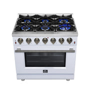 Forno Massimo 36-Inch Freestanding Gas Range with 6 Sealed Burners, 5.36 cu. ft. Oven, Air Fryer Kit, Wok Ring and Griddle, White with Antique Brass Accents (Model FFSGS6239-36WHT)