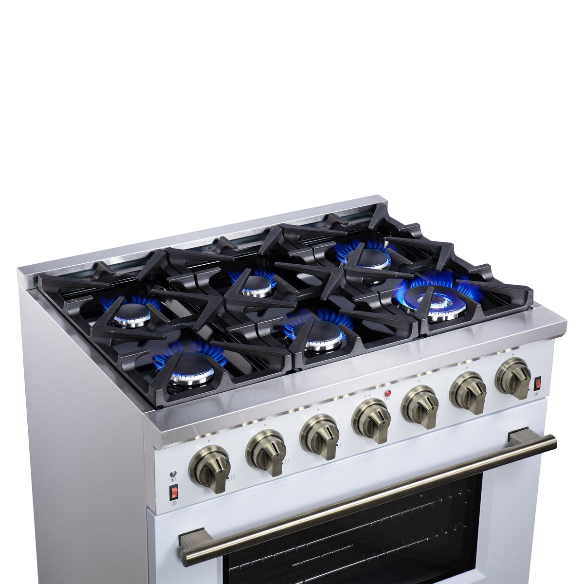 Forno Massimo 36-Inch Freestanding Gas Range with 6 Sealed Burners, 5.36 cu. ft. Oven, Air Fryer Kit, Wok Ring and Griddle, White with Antique Brass Accents (Model FFSGS6239-36WHT)