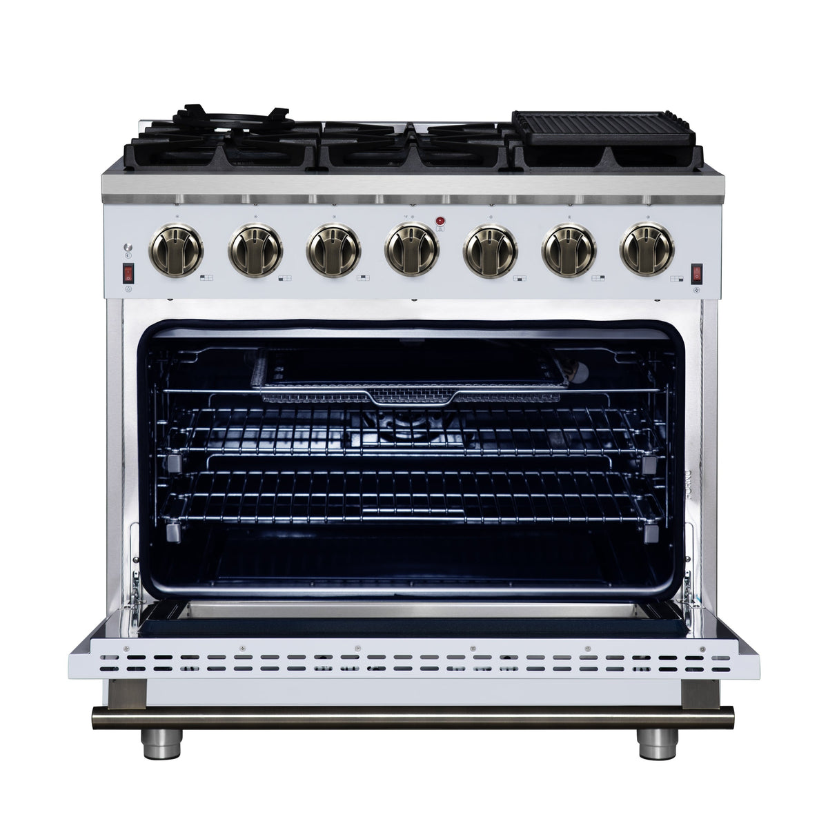 Forno Massimo 36-Inch Freestanding Gas Range with 6 Sealed Burners, 5.36 cu. ft. Oven, Air Fryer Kit, Wok Ring and Griddle, White with Antique Brass Accents (Model FFSGS6239-36WHT)