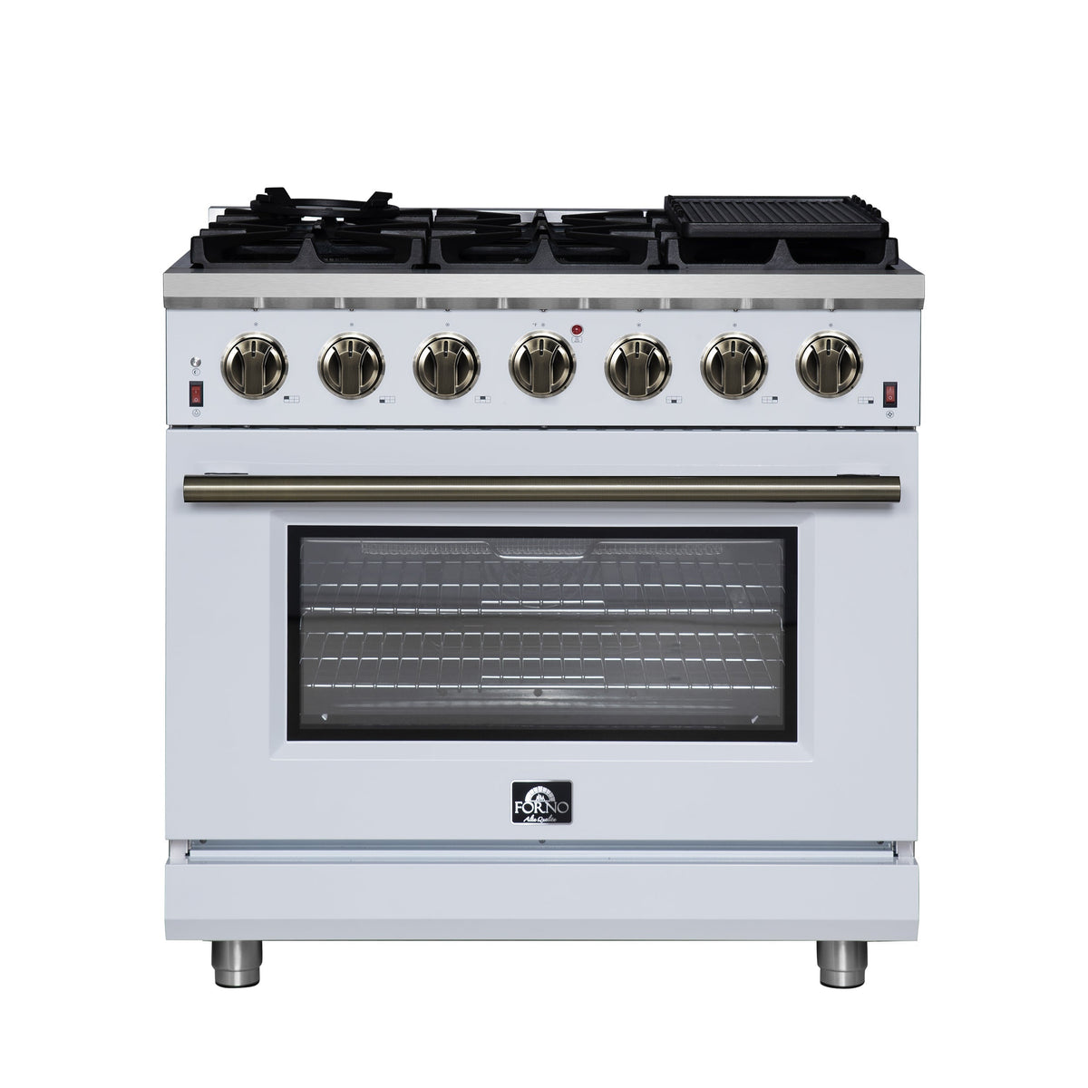 Forno Massimo 36-Inch Freestanding Gas Range with 6 Sealed Burners, 5.36 cu. ft. Oven, Air Fryer Kit, Wok Ring and Griddle, White with Antique Brass Accents (Model FFSGS6239-36WHT)