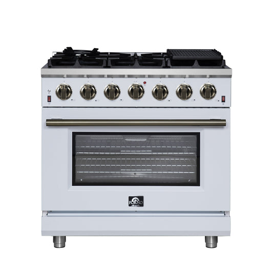 Forno Massimo 36-Inch Freestanding Gas Range with 6 Sealed Burners, 5.36 cu. ft. Oven, Air Fryer Kit, Wok Ring and Griddle, White with Antique Brass Accents (Model FFSGS6239-36WHT)