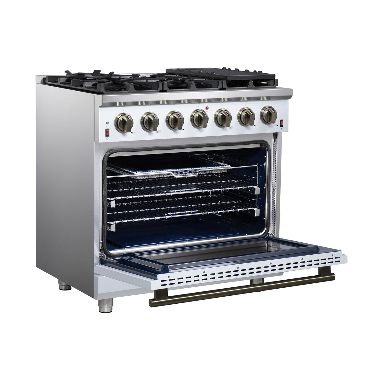Forno Massimo 36-Inch Freestanding Gas Range with 6 Sealed Burners, 5.36 cu. ft. Oven, Air Fryer Kit, Wok Ring and Griddle, White with Antique Brass Accents (Model FFSGS6239-36WHT)