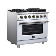 Forno Massimo 36-Inch Freestanding Gas Range with 6 Sealed Burners, 5.36 cu. ft. Oven, Air Fryer Kit, Wok Ring and Griddle, White with Antique Brass Accents (Model FFSGS6239-36WHT)