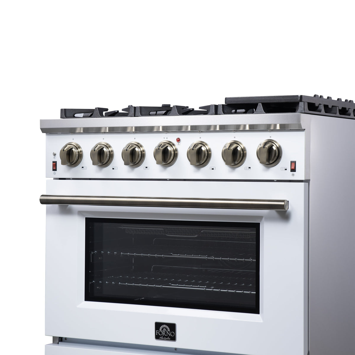 Forno Massimo 36-Inch Freestanding Gas Range with 6 Sealed Burners, 5.36 cu. ft. Oven, Air Fryer Kit, Wok Ring and Griddle, White with Antique Brass Accents (Model FFSGS6239-36WHT)