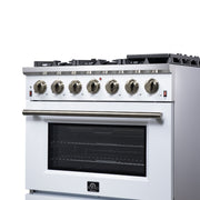 Forno Massimo 36-Inch Freestanding Gas Range with 6 Sealed Burners, 5.36 cu. ft. Oven, Air Fryer Kit, Wok Ring and Griddle, White with Antique Brass Accents (Model FFSGS6239-36WHT)