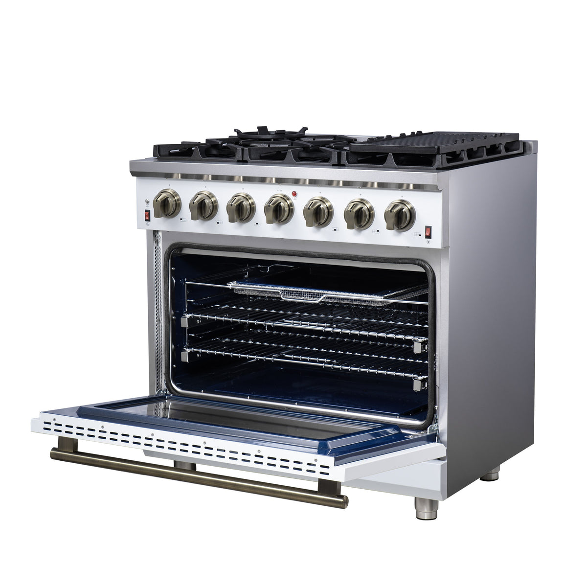 Forno Massimo 36-Inch Freestanding Gas Range with 6 Sealed Burners, 5.36 cu. ft. Oven, Air Fryer Kit, Wok Ring and Griddle, White with Antique Brass Accents (Model FFSGS6239-36WHT)