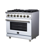 Forno Massimo 36-Inch Freestanding Gas Range with 6 Sealed Burners, 5.36 cu. ft. Oven, Air Fryer Kit, Wok Ring and Griddle, White with Antique Brass Accents (Model FFSGS6239-36WHT)