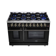 Forno Massimo 48-Inch Freestanding Gas Range with 8 Sealed Burners, 6.58 cu. ft. Double Oven, Black with Antique Brass Accents (Model FFSGS6239-48BLK)