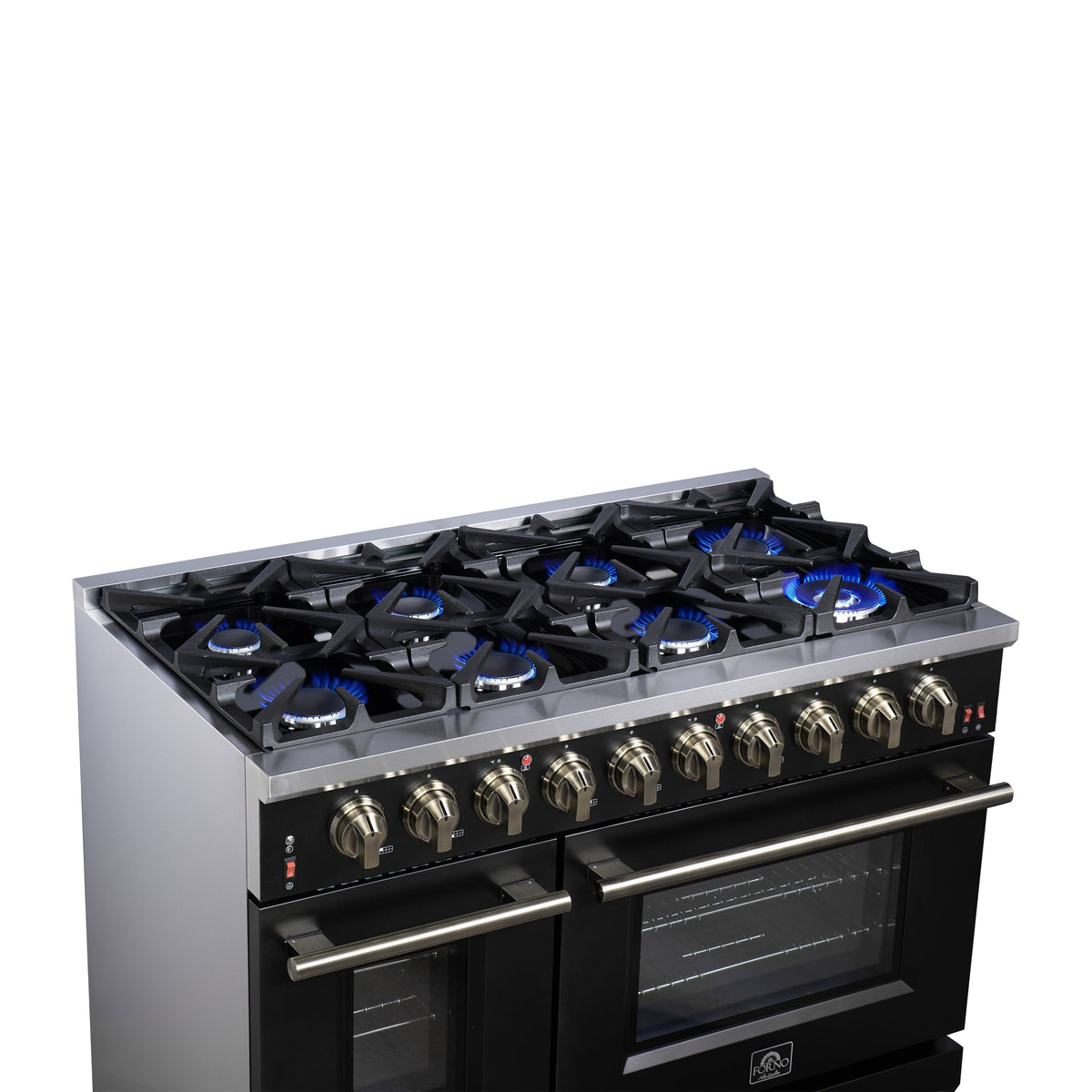 Forno Massimo 48-Inch Freestanding Gas Range with 8 Sealed Burners, 6.58 cu. ft. Double Oven, Black with Antique Brass Accents (Model FFSGS6239-48BLK)