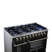 Forno Massimo 48-Inch Freestanding Gas Range with 8 Sealed Burners, 6.58 cu. ft. Double Oven, Black with Antique Brass Accents (Model FFSGS6239-48BLK)
