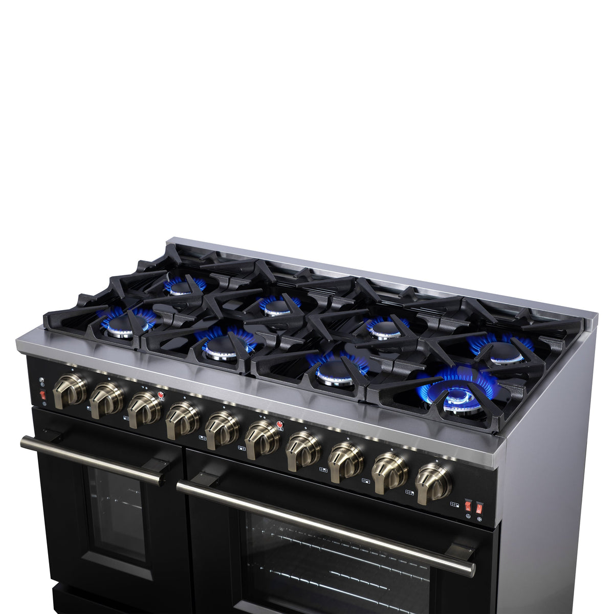 Forno Massimo 48-Inch Freestanding Gas Range with 8 Sealed Burners, 6.58 cu. ft. Double Oven, Black with Antique Brass Accents (Model FFSGS6239-48BLK)
