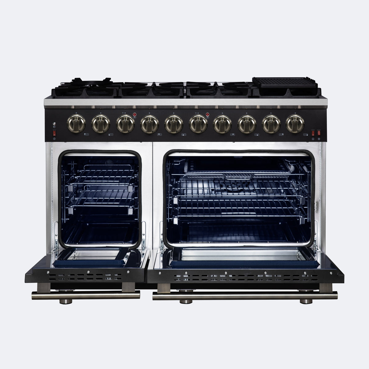 Forno Massimo 48-Inch Freestanding Gas Range with 8 Sealed Burners, 6.58 cu. ft. Double Oven, Black with Antique Brass Accents (Model FFSGS6239-48BLK)