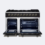 Forno Massimo 48-Inch Freestanding Gas Range with 8 Sealed Burners, 6.58 cu. ft. Double Oven, Black with Antique Brass Accents (Model FFSGS6239-48BLK)