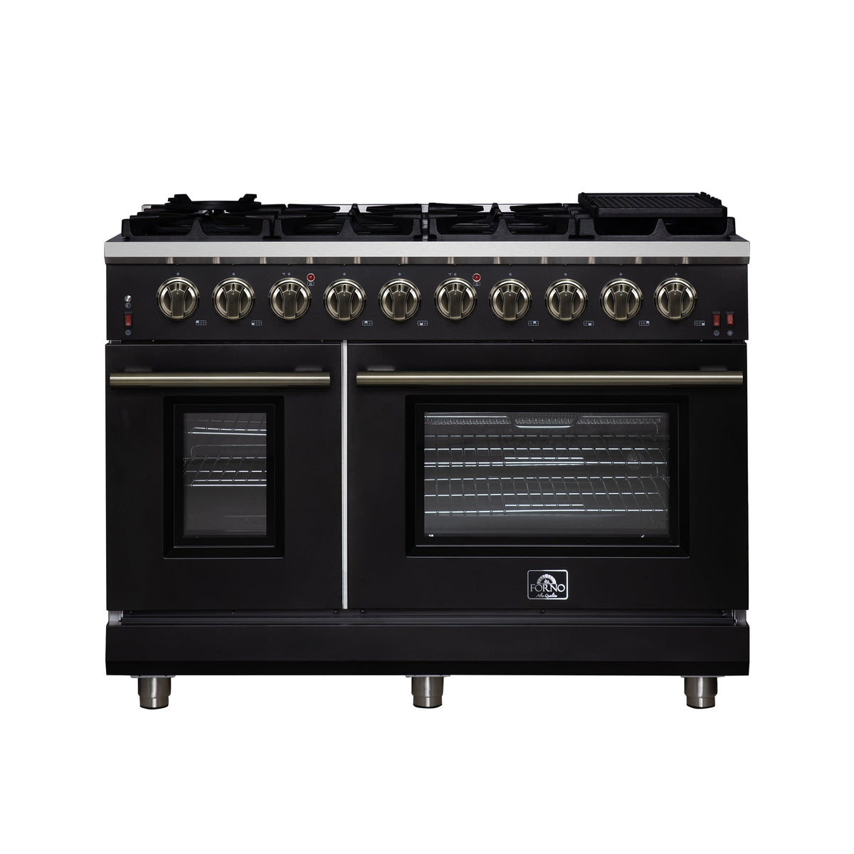 Forno Massimo 48-Inch Freestanding Gas Range with 8 Sealed Burners, 6.58 cu. ft. Double Oven, Black with Antique Brass Accents (Model FFSGS6239-48BLK)