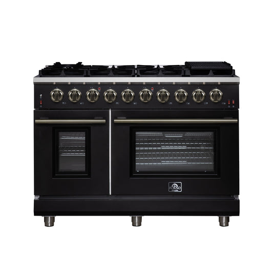 Forno Massimo 48-Inch Freestanding Gas Range with 8 Sealed Burners, 6.58 cu. ft. Double Oven, Black with Antique Brass Accents (Model FFSGS6239-48BLK)