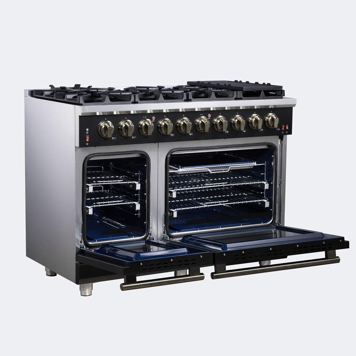 Forno Massimo 48-Inch Freestanding Gas Range with 8 Sealed Burners, 6.58 cu. ft. Double Oven, Black with Antique Brass Accents (Model FFSGS6239-48BLK)