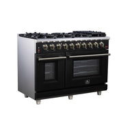 Forno Massimo 48-Inch Freestanding Gas Range with 8 Sealed Burners, 6.58 cu. ft. Double Oven, Black with Antique Brass Accents (Model FFSGS6239-48BLK)