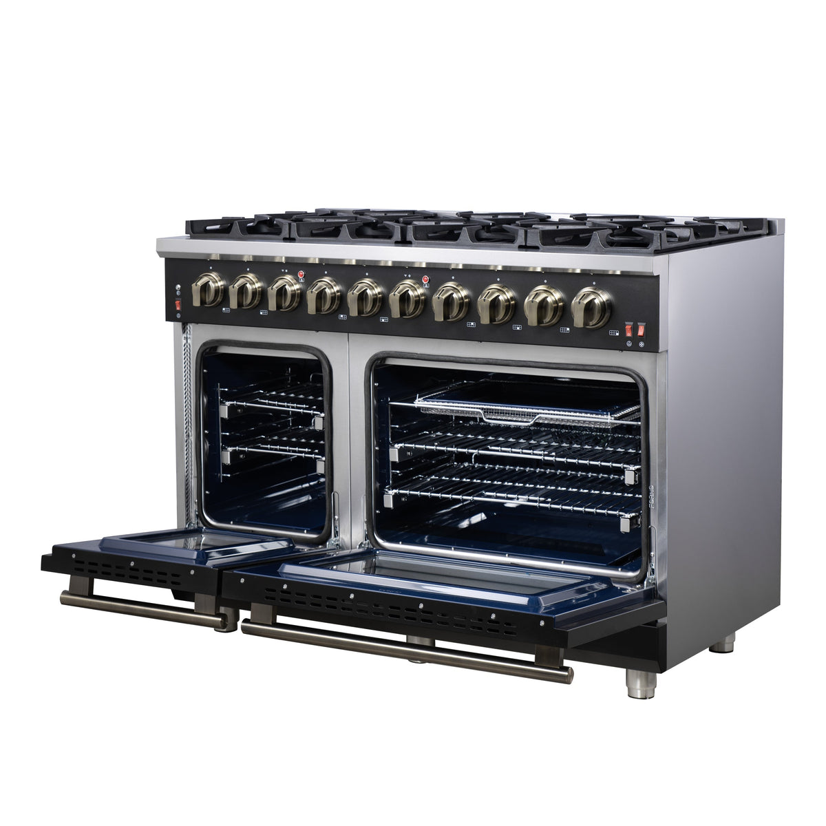 Forno Massimo 48-Inch Freestanding Gas Range with 8 Sealed Burners, 6.58 cu. ft. Double Oven, Black with Antique Brass Accents (Model FFSGS6239-48BLK)