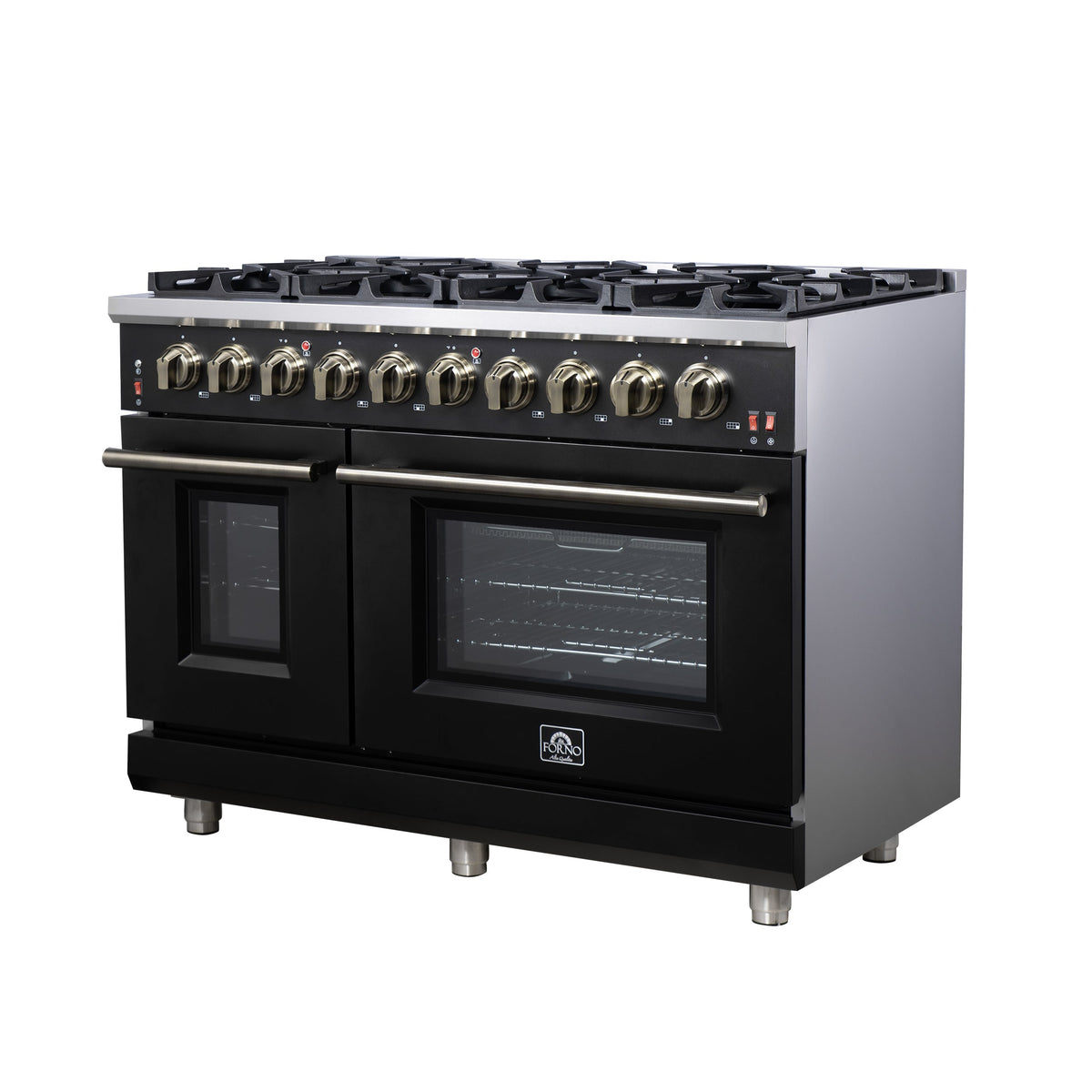 Forno Massimo 48-Inch Freestanding Gas Range with 8 Sealed Burners, 6.58 cu. ft. Double Oven, Black with Antique Brass Accents (Model FFSGS6239-48BLK)