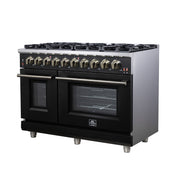 Forno Massimo 48-Inch Freestanding Gas Range with 8 Sealed Burners, 6.58 cu. ft. Double Oven, Black with Antique Brass Accents (Model FFSGS6239-48BLK)