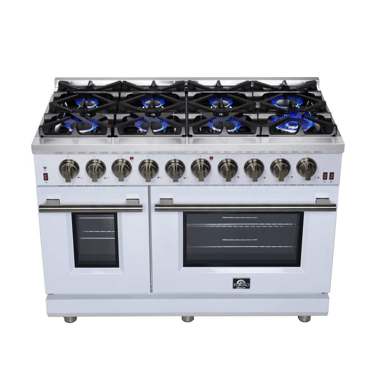 Forno Massimo 48-Inch Freestanding Gas Range with 8 Sealed Burners, 6.58 cu. ft. Oven, Air Fry Kit, Griddle & Wok Support – White with Antique Brass Accents (Model FFSGS6239-48WHT)