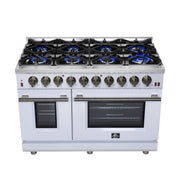 Forno Massimo 48-Inch Freestanding Gas Range with 8 Sealed Burners, 6.58 cu. ft. Oven, Air Fry Kit, Griddle & Wok Support – White with Antique Brass Accents (Model FFSGS6239-48WHT)