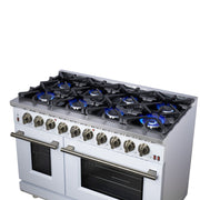 Forno Massimo 48-Inch Freestanding Gas Range with 8 Sealed Burners, 6.58 cu. ft. Oven, Air Fry Kit, Griddle & Wok Support – White with Antique Brass Accents (Model FFSGS6239-48WHT)