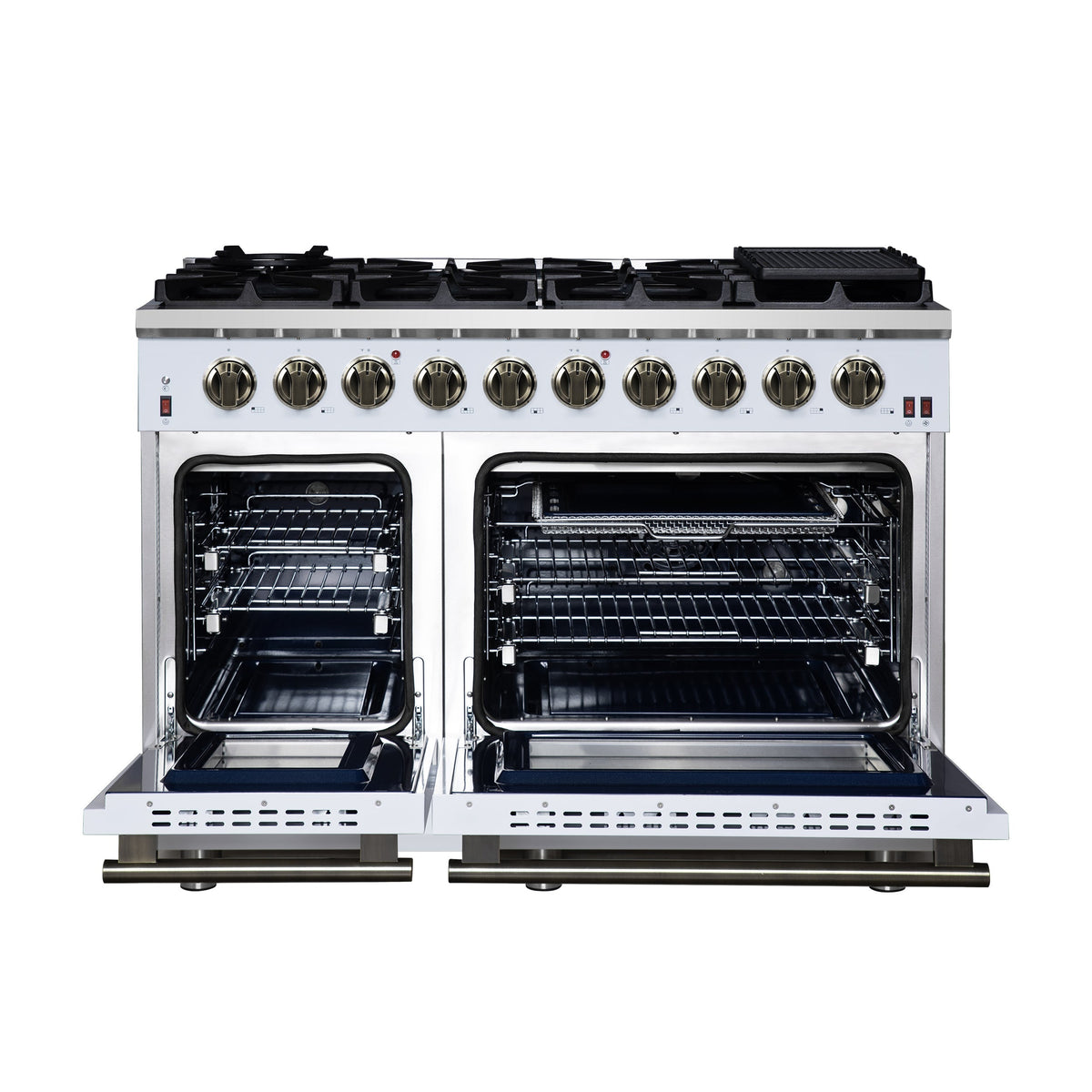 Forno Massimo 48-Inch Freestanding Gas Range with 8 Sealed Burners, 6.58 cu. ft. Oven, Air Fry Kit, Griddle & Wok Support – White with Antique Brass Accents (Model FFSGS6239-48WHT)