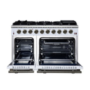 Forno Massimo 48-Inch Freestanding Gas Range with 8 Sealed Burners, 6.58 cu. ft. Oven, Air Fry Kit, Griddle & Wok Support – White with Antique Brass Accents (Model FFSGS6239-48WHT)