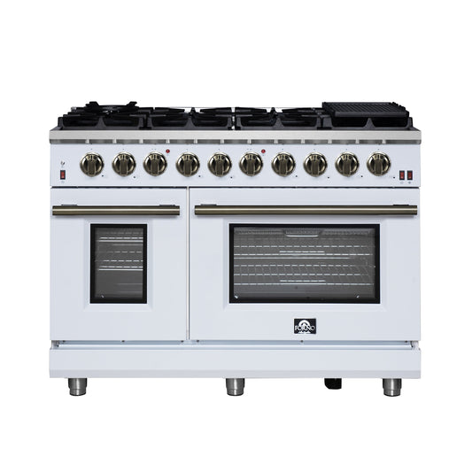 Forno Massimo 48-Inch Freestanding Gas Range with 8 Sealed Burners, 6.58 cu. ft. Oven, Air Fry Kit, Griddle & Wok Support – White with Antique Brass Accents (Model FFSGS6239-48WHT)