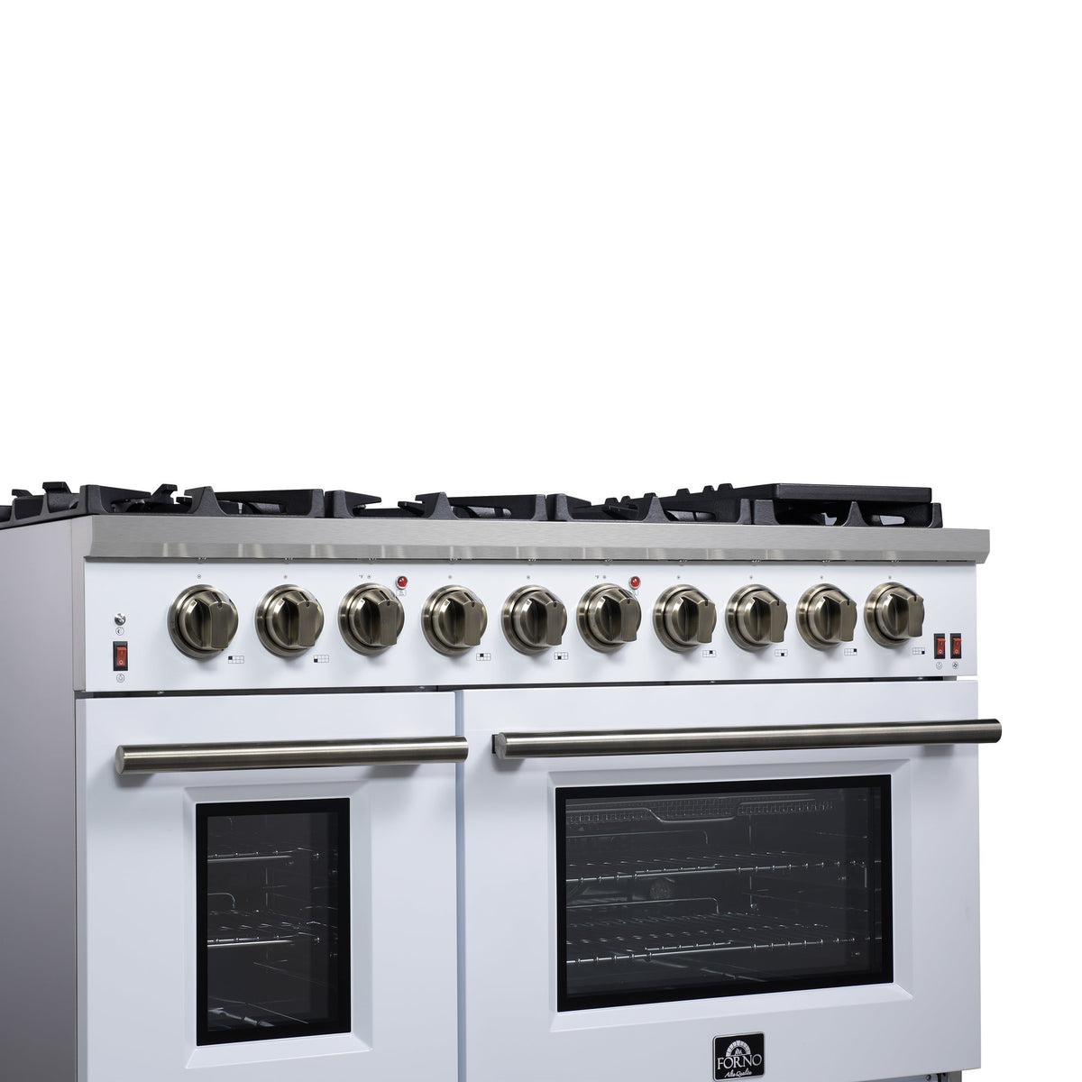 Forno Massimo 48-Inch Freestanding Gas Range with 8 Sealed Burners, 6.58 cu. ft. Oven, Air Fry Kit, Griddle & Wok Support – White with Antique Brass Accents (Model FFSGS6239-48WHT)