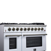 Forno Massimo 48-Inch Freestanding Gas Range with 8 Sealed Burners, 6.58 cu. ft. Oven, Air Fry Kit, Griddle & Wok Support – White with Antique Brass Accents (Model FFSGS6239-48WHT)