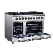 Forno Massimo 48-Inch Freestanding Gas Range with 8 Sealed Burners, 6.58 cu. ft. Oven, Air Fry Kit, Griddle & Wok Support – White with Antique Brass Accents (Model FFSGS6239-48WHT)