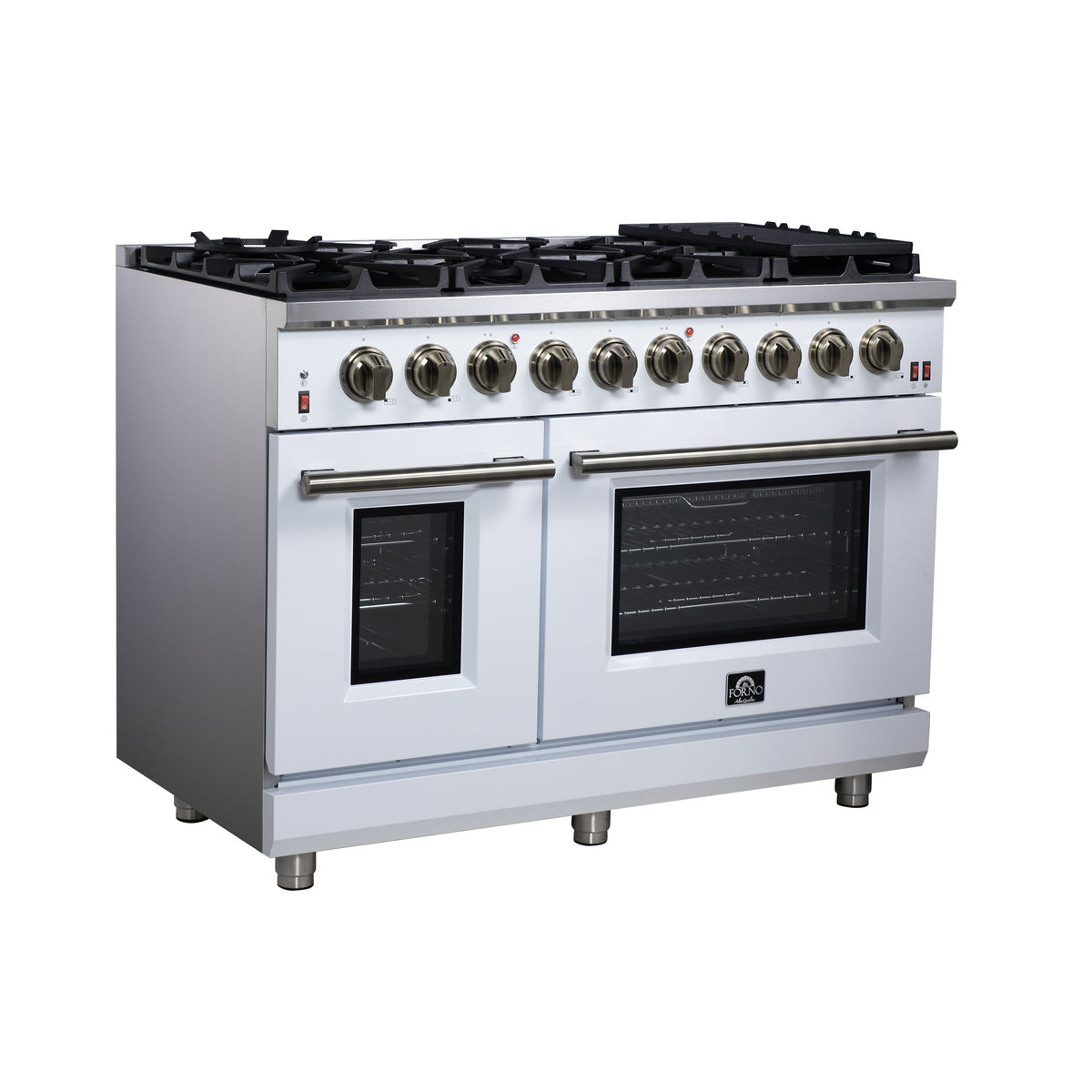Forno Massimo 48-Inch Freestanding Gas Range with 8 Sealed Burners, 6.58 cu. ft. Oven, Air Fry Kit, Griddle & Wok Support – White with Antique Brass Accents (Model FFSGS6239-48WHT)