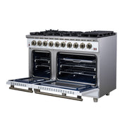 Forno Massimo 48-Inch Freestanding Gas Range with 8 Sealed Burners, 6.58 cu. ft. Oven, Air Fry Kit, Griddle & Wok Support – White with Antique Brass Accents (Model FFSGS6239-48WHT)